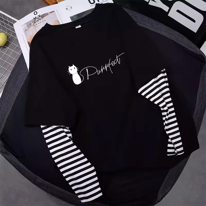 الموضة الكلاسيكية العصرية وهمية قطعتين تي شيرت بأكمام طويلة المرأة 2025 الربيع والخريف نمط جديد فضفاض الكرتون الربط #2