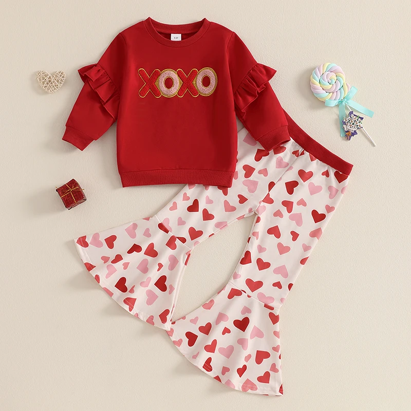 Baby Toddler Girl Valentines Day Outfit Letter Ruffle Long Sleeve Sweatshirt Heart Flare Pants 2 Piece Spring Set