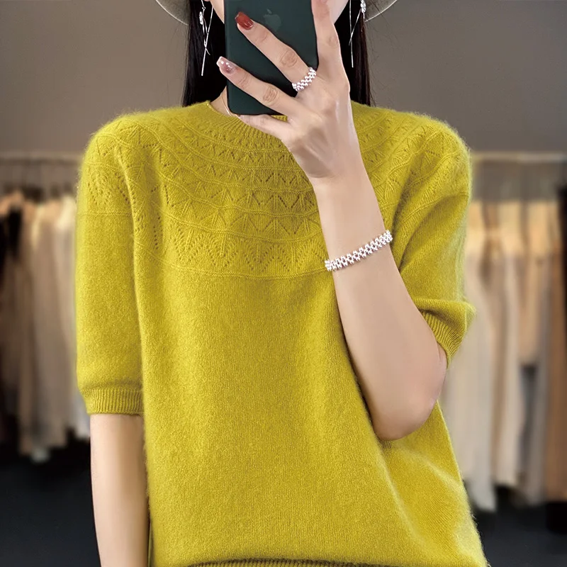 New short-sleeved women's round neck hollowed out 100% wool T-shirt twisted loose cashmere sweater fashion top