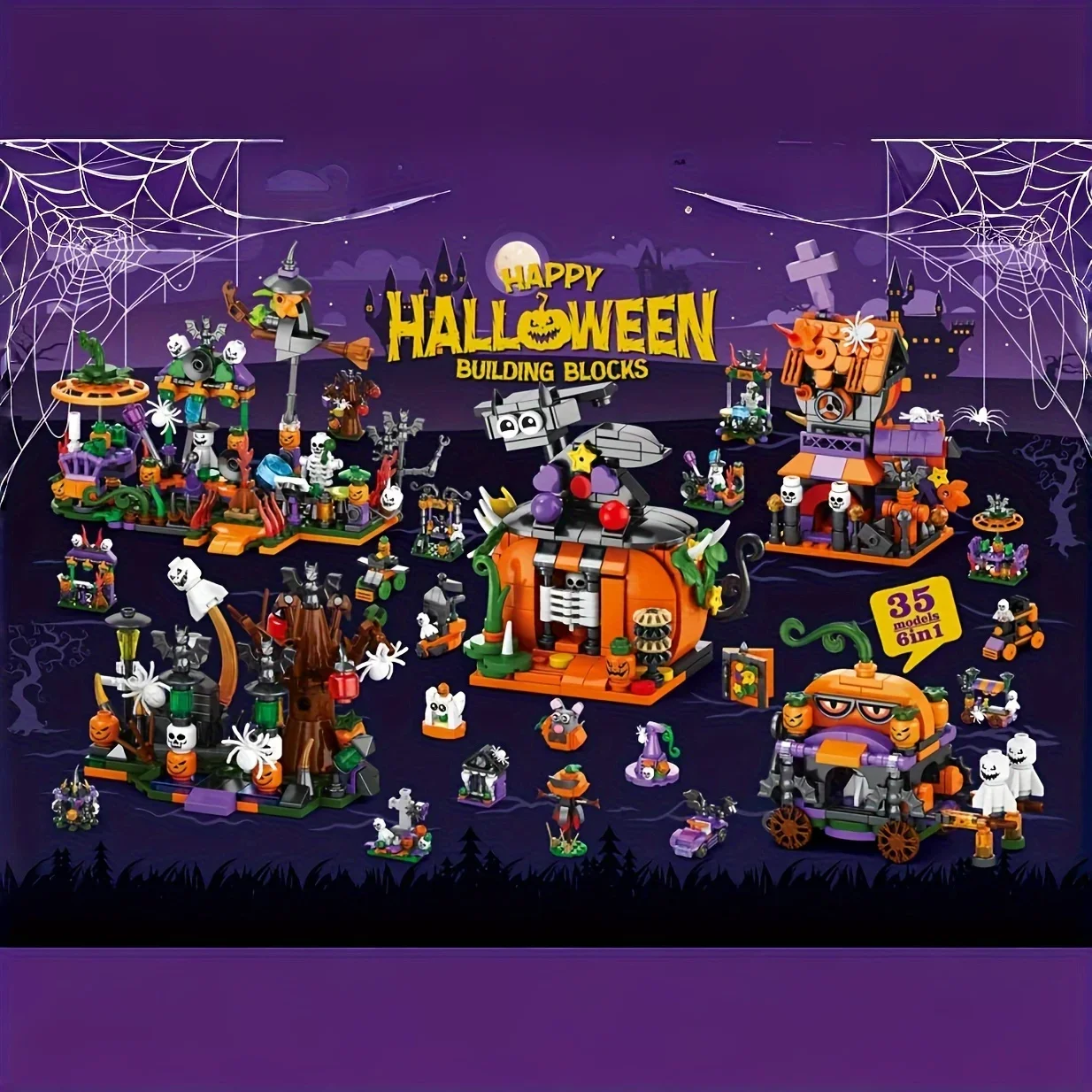 1328PCS Halloween Street Party Building Blocks Pumpkin Carriage House Ghost Park Model Bricks Diy Toys For Kids Holiday Gifts