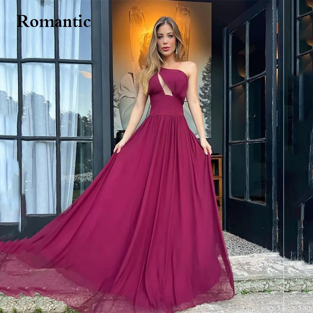 

Romantic Claret Chiffon Simple Evening Dress A Line One Shoulder Sleeveless Tight Waist Long Prom Dress Saudi Arabia Plus Size