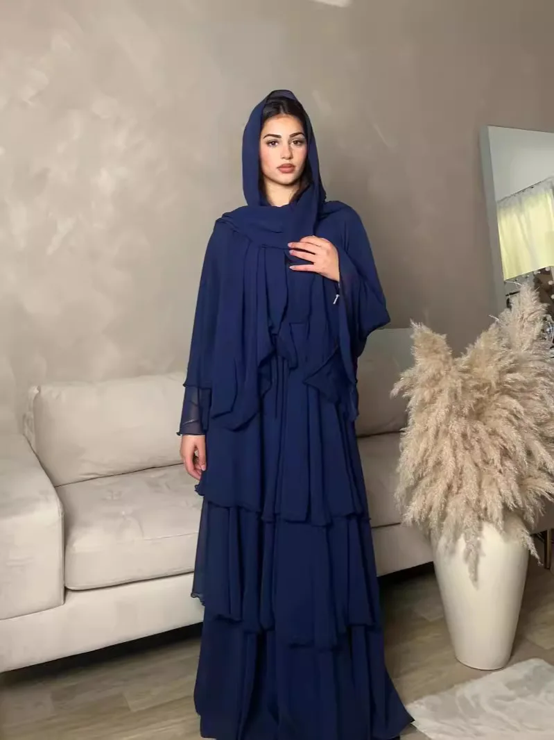 

New Dubai Chiffon Open Kimono Abaya Layered Women Kaftan Turkey Muslim Dress Abayas Islamic Robe Musulmane Femme Clothing Caftan