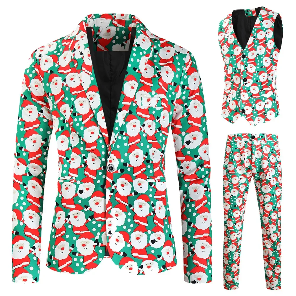 Christmas Suits for Men 3 Piece Uniform Daily Outfits Snowflake Snowman Tree Print Blazer Jacket Pants Vests Male Set for Xmas