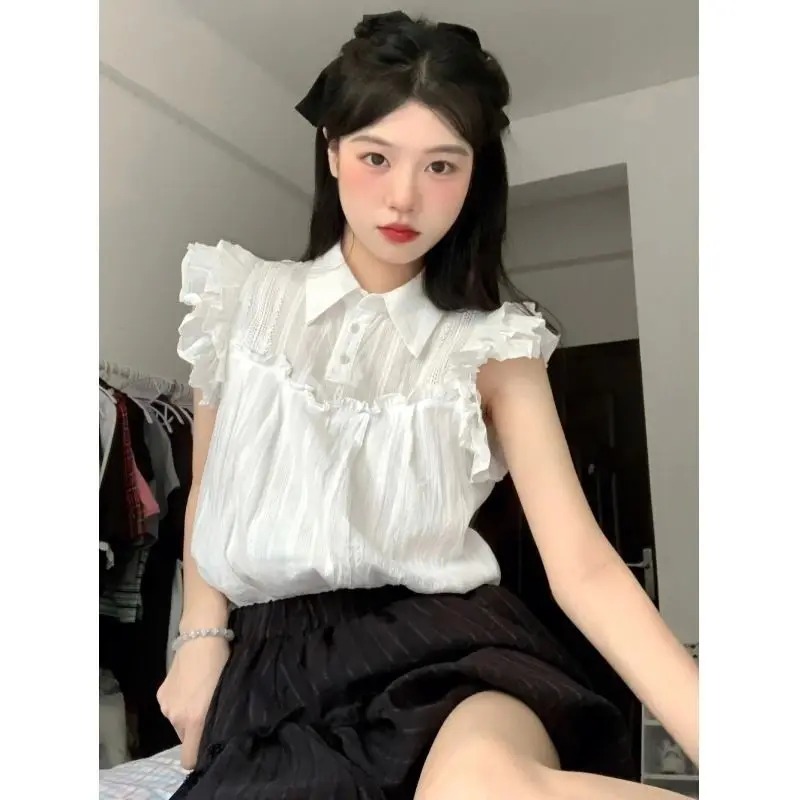 Sweet Korean Crop Top Mushroom Edge Flying Sleeve Shirt Blusas Mujer De Moda Elegantes Doll Blouse Lady Ropa Chemise Femme