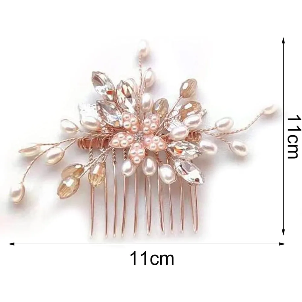 Bride Wedding Hair Comb Rhinestone Hair Clip Pin Pearl Bridal Headpiece for Women and Girls Rose Gold