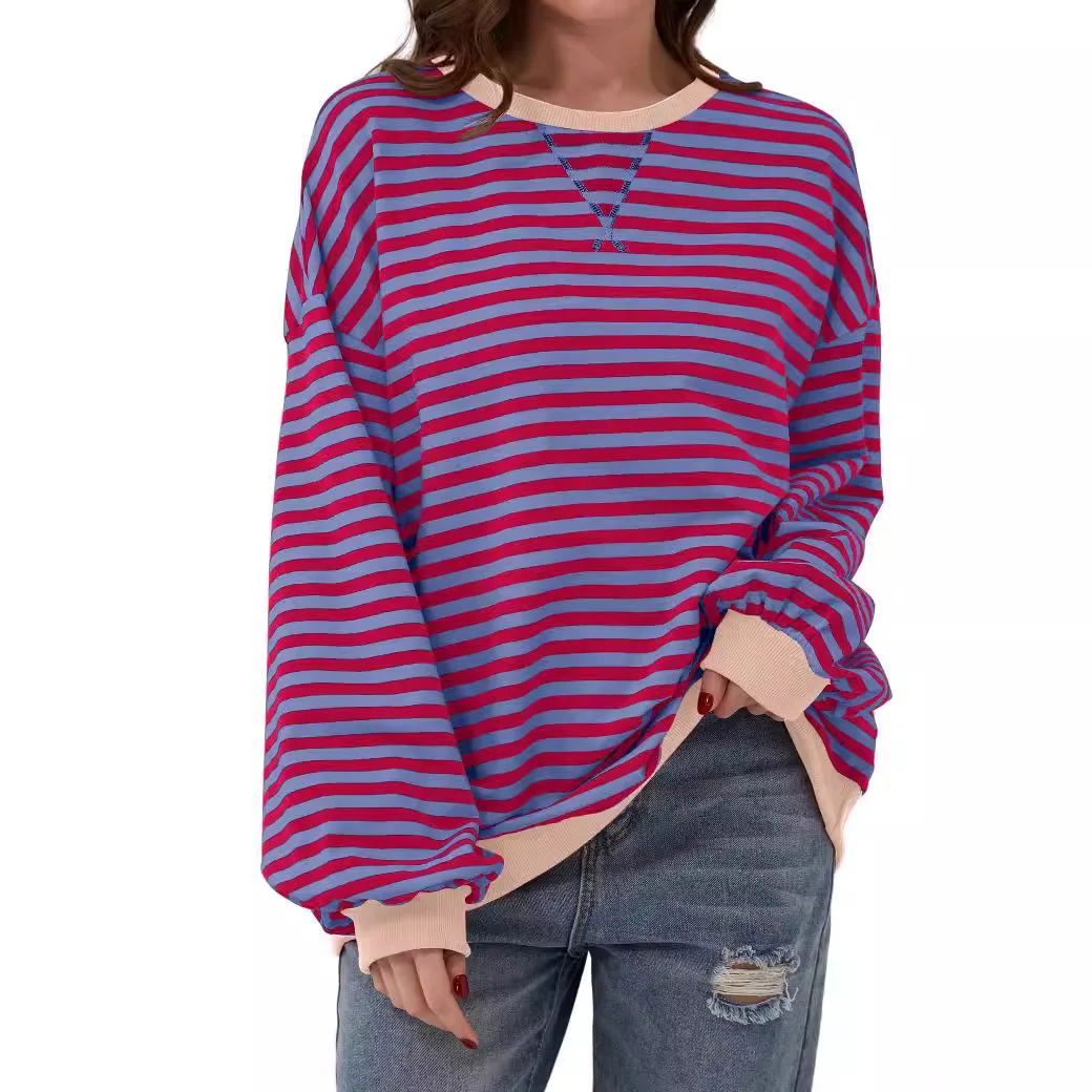 Europe and The United States Women's 2024 Autumn and Winter New Striped Round Neck Color Contrast Loose Long-sleeved Hoodie