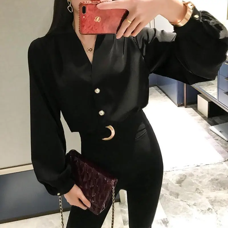 Women Clothing Vintage V Neck Shirt Tops Long Sleeve Solid Color Loose All-match Fashion Blouse Spring Autumn New Elegant Korean