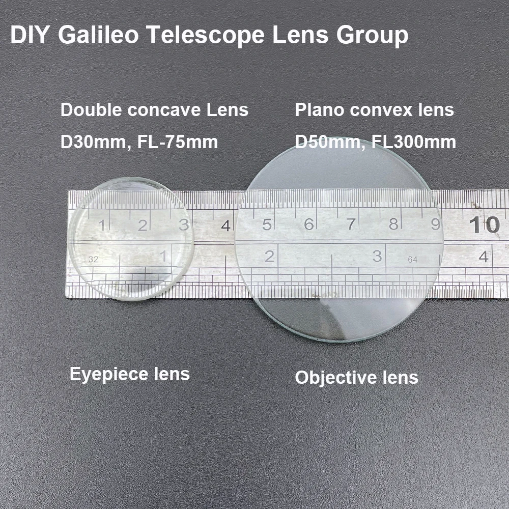 DIY Telescope Lens Group 30mm Diameter -75mm Focal Length  Double Concave and 50mm Diameter 300mm FL Plano Convex Lens