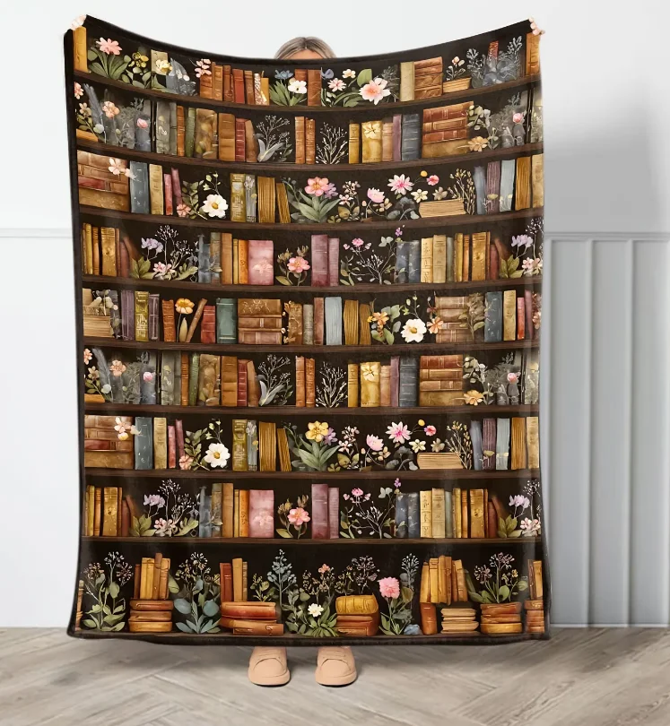 Vintage Bookshelf Library Throw Blanket Cottagecore Book Wildlowers Blankets Books Lover Gift Floral Bookish Reader Gift Blanket