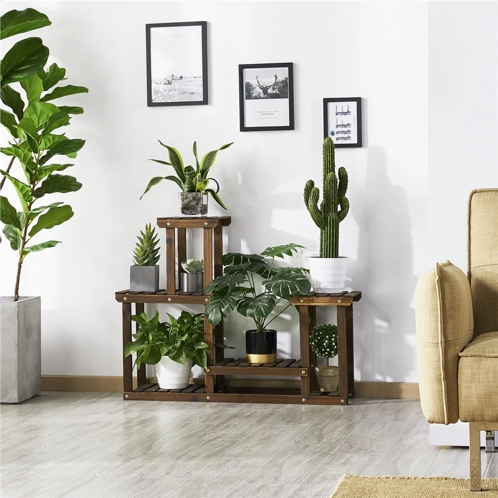 

4-Tier Metal Plant Stand Rustic Wood Flower Shelf Multi-Tiered Display Rack Indoor Outdoor Use Easy Assembly Durable Storage