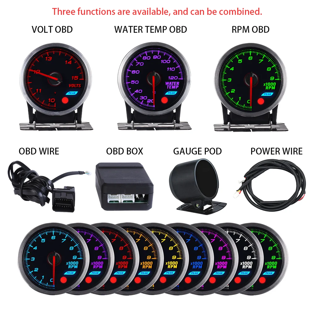 Car Accessories Auto Gauge Auto Meter OBD Style Stepper Motor 52MM 7 Colors Volt WaterTemp  RPM Tachometer