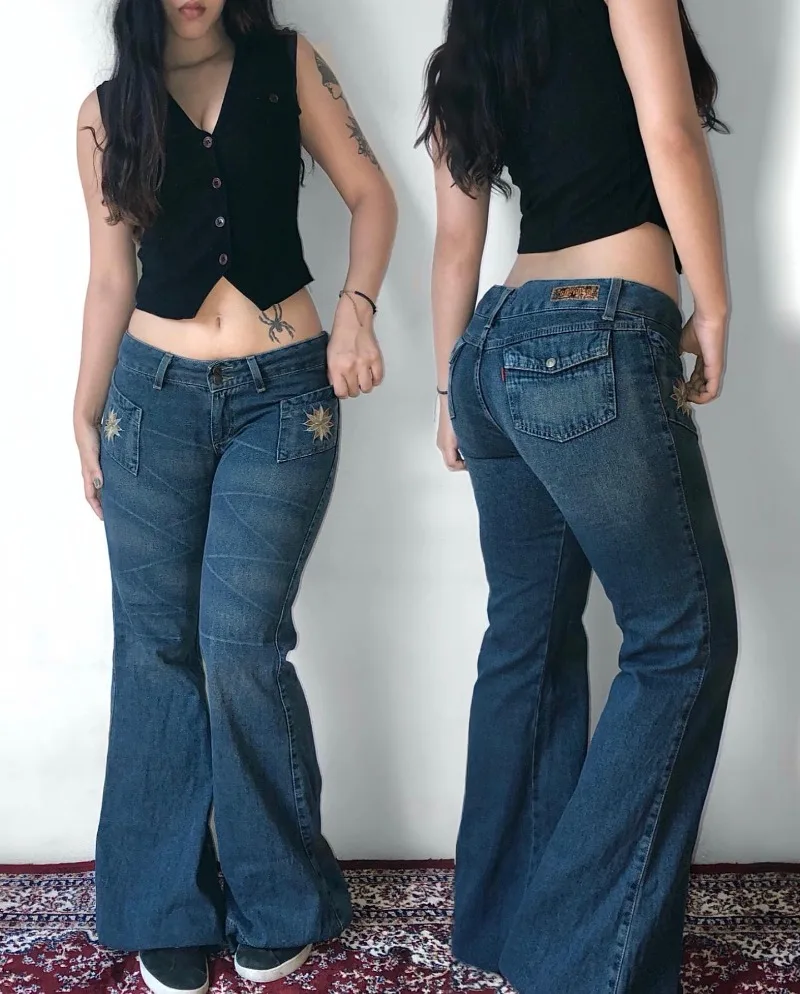 Ropa de calle moda azul lavado flores bordado pantalones vaqueros holgados mujeres Y2K Harajuku Vintage Hip Hop Casual Slim pantalones vaqueros de talle alto