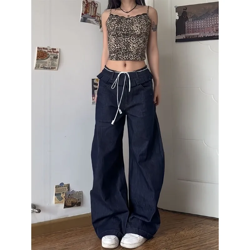 

Retro Street Style Blue Wide Leg Pants Summer New Niche Design Floor Length Pants High Waisted Loose Jeans for Women