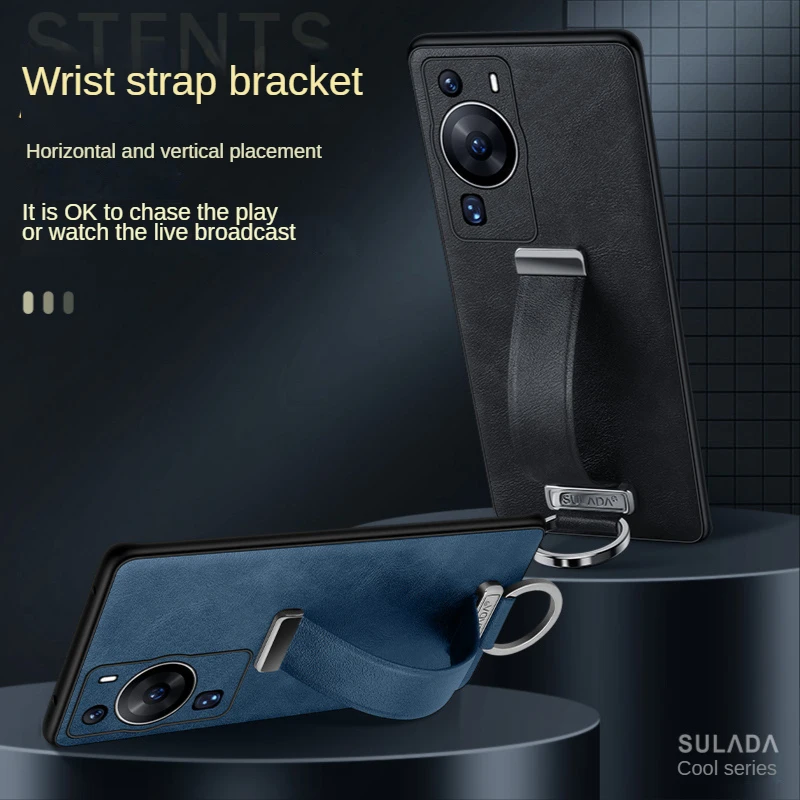 For Huawei P60 Pro Case SULADA Cool Bracelet Anti-drop Wrist Strap Bracket Cowhide Pattern for Huawei P60  P60 Art Leather Case