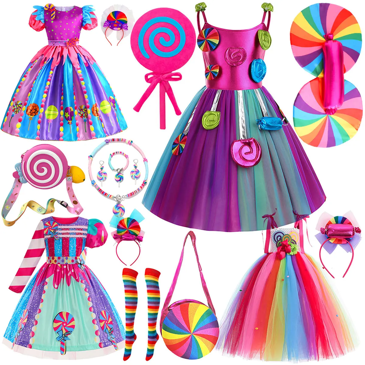 2026 Purim Carnival Delicate Rainbow Short Sleeve Cute Candy Fairy Vestidos Sweet Costume Princess Lollipop Accessories Set