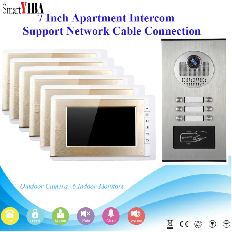 SmartYIBA 2-6 Units Building Intercom System Network Cable Connection Doorphone RFID Unlock Video Doorbell Door Access System