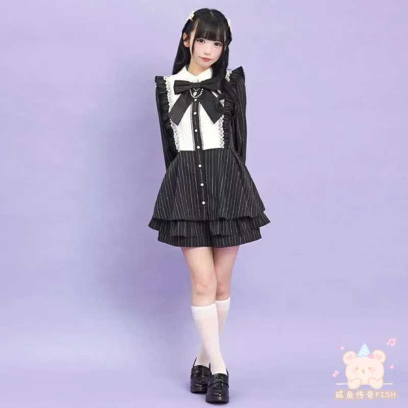 اليابانية الألغام نمط الإنتاج الضخم دمية طوق القوس طويلة الأكمام لوليتا فستان قصير مخطط عالية الخصر السراويل قطعتين مجموعات النساء