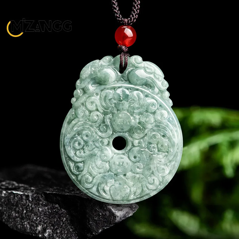 

Natural Jadeite Bean Green Antique Double Dragon Peace Button Pendant Hand-carved Ancient Style Jade Necklace Men and Women Gift