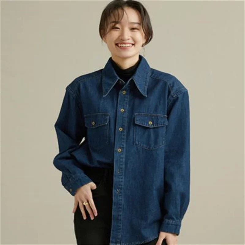 

Spring autumn dark blue denim shirt women's design pointed collar casual top women loose