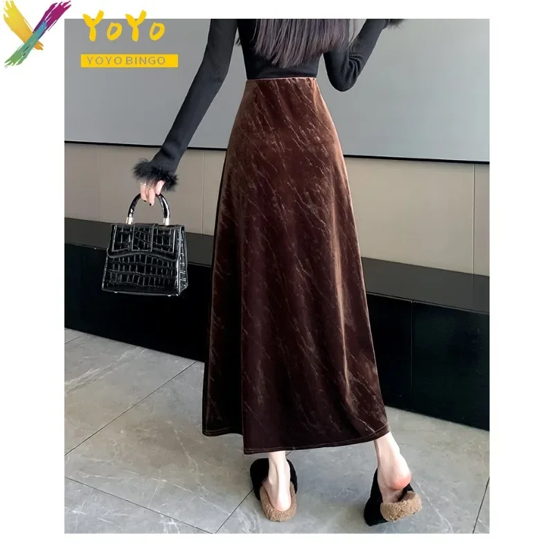 Elegant Fashion Vintage Velvet Printed High Waist Skirt 2024 Temperament Autumn Chic Work Retract Waist Mid-length Ankle Skirt