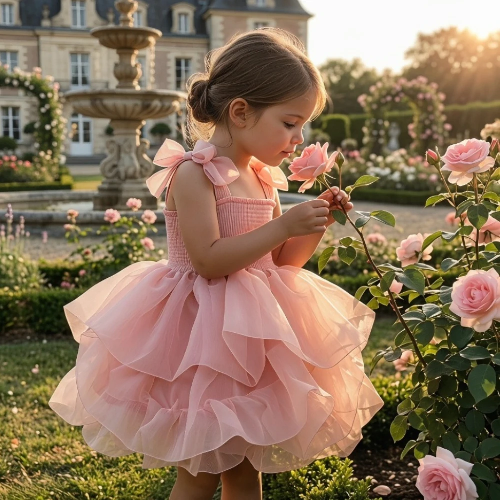 2026 Sommer Mode Baby Mädchen Prinzessin Tutu Kleid mit Schleifenärmeln Kinder Tüll Vestido Festliches Party Geburtstagskleid 0-10 Jahre Neu