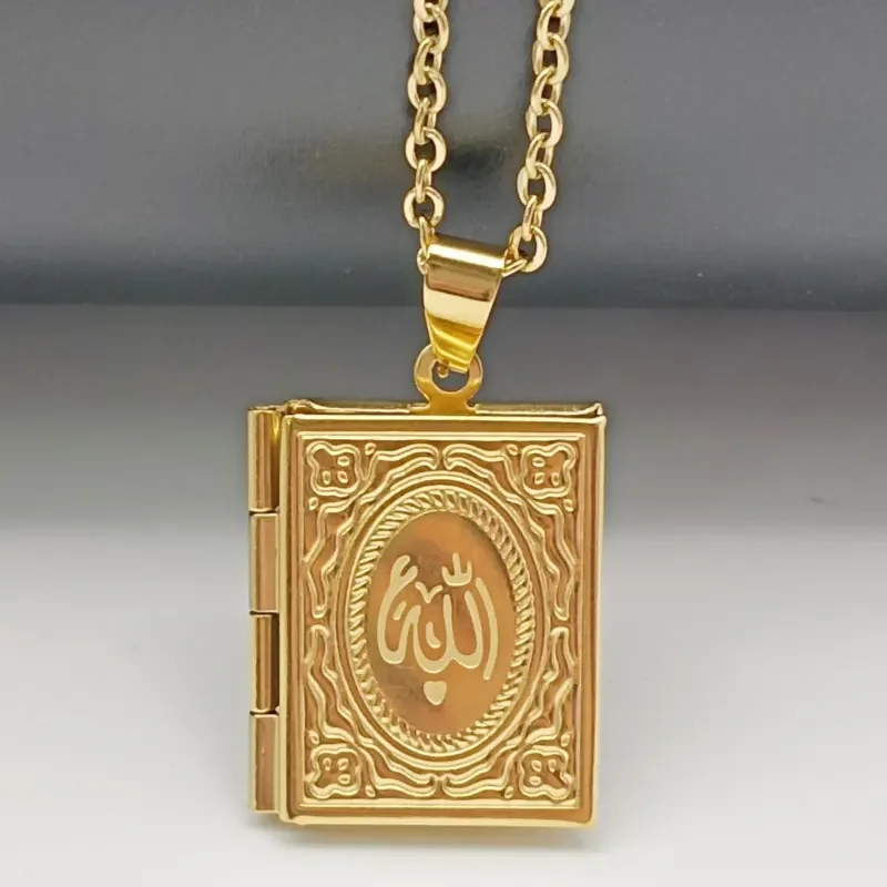 Stainless Steel Arabic Scripture Square Frame Necklace Islamic Quran Pendant Chain Muslim Believers Accessory