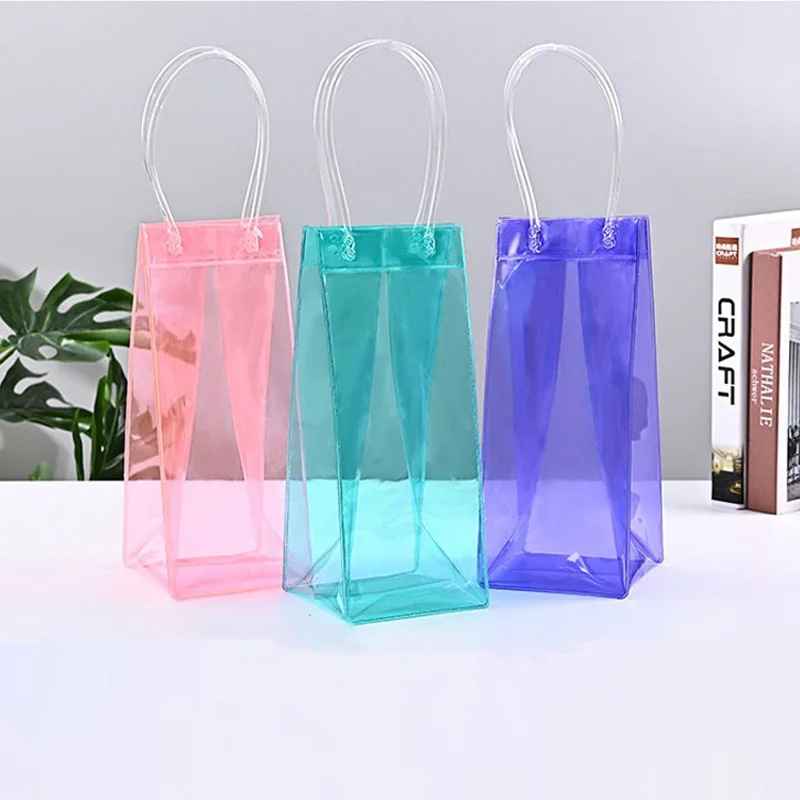 100Pcs Ice Wine Bag with Handle Collapsible Clear PVC Pouch Wine Cooler Bag Wine Chiller Sleeves for Champagne Beer Beverages