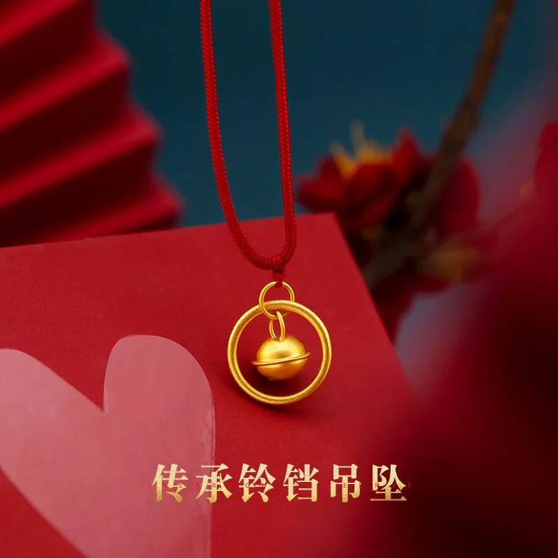 

9999 Real Gold 24K Red Rope Necklace Women's Fashion Inheritance Bell Pendant Necklace New Fashion Safety Bell Red Rope