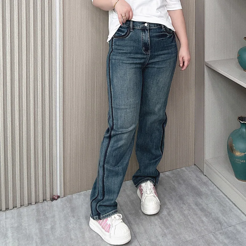 Pear Shaped Body High Waist Straight Jeans Female Spring/Autumn Quality Size XL XXL Women Loose Wide Leg Long Pants D092