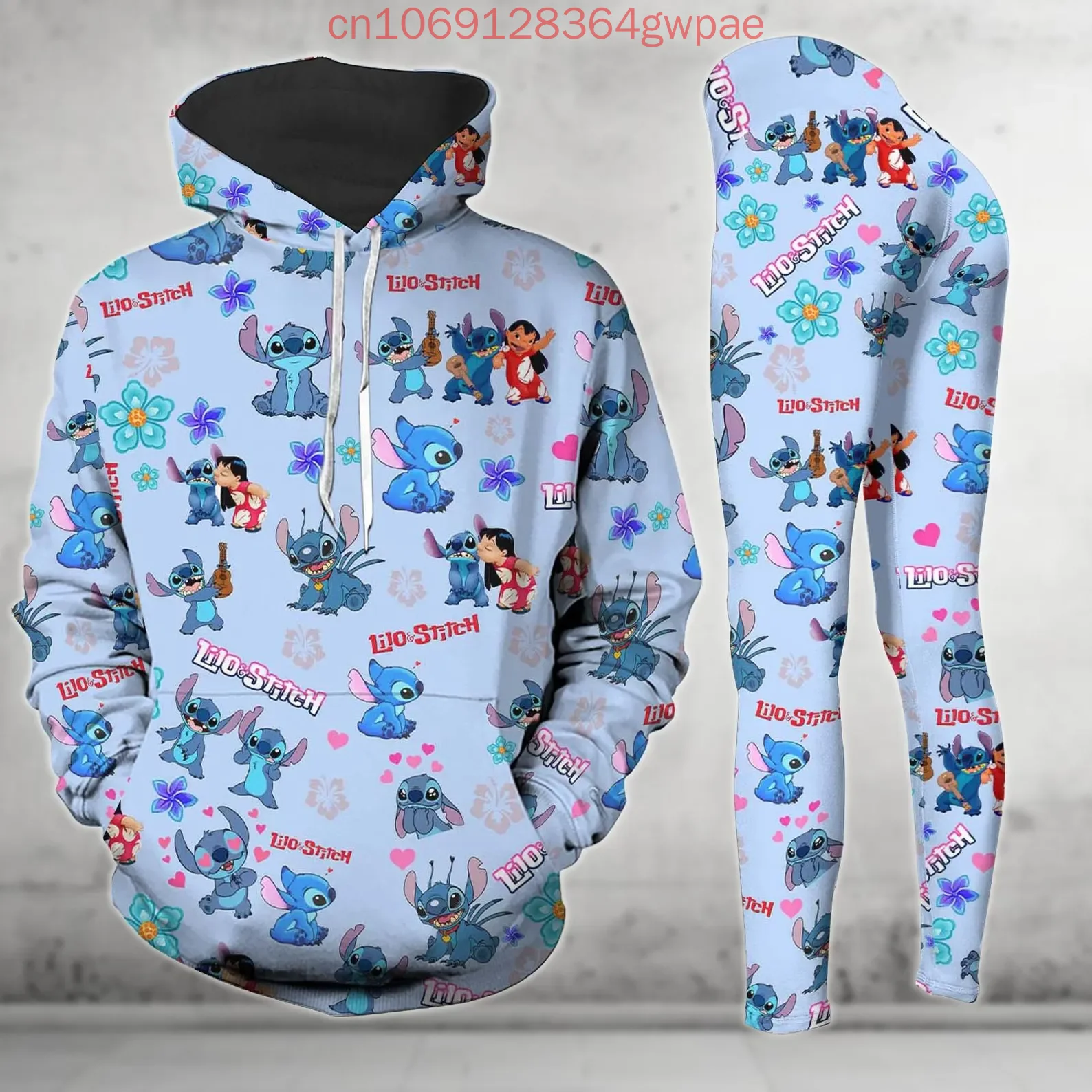 Disney Stitch Hoodie and Leggings Set Women\'s Stitch and Angel Christmas Hoodie Yoga Pants Sweatpants Fashion Tracksuit Set