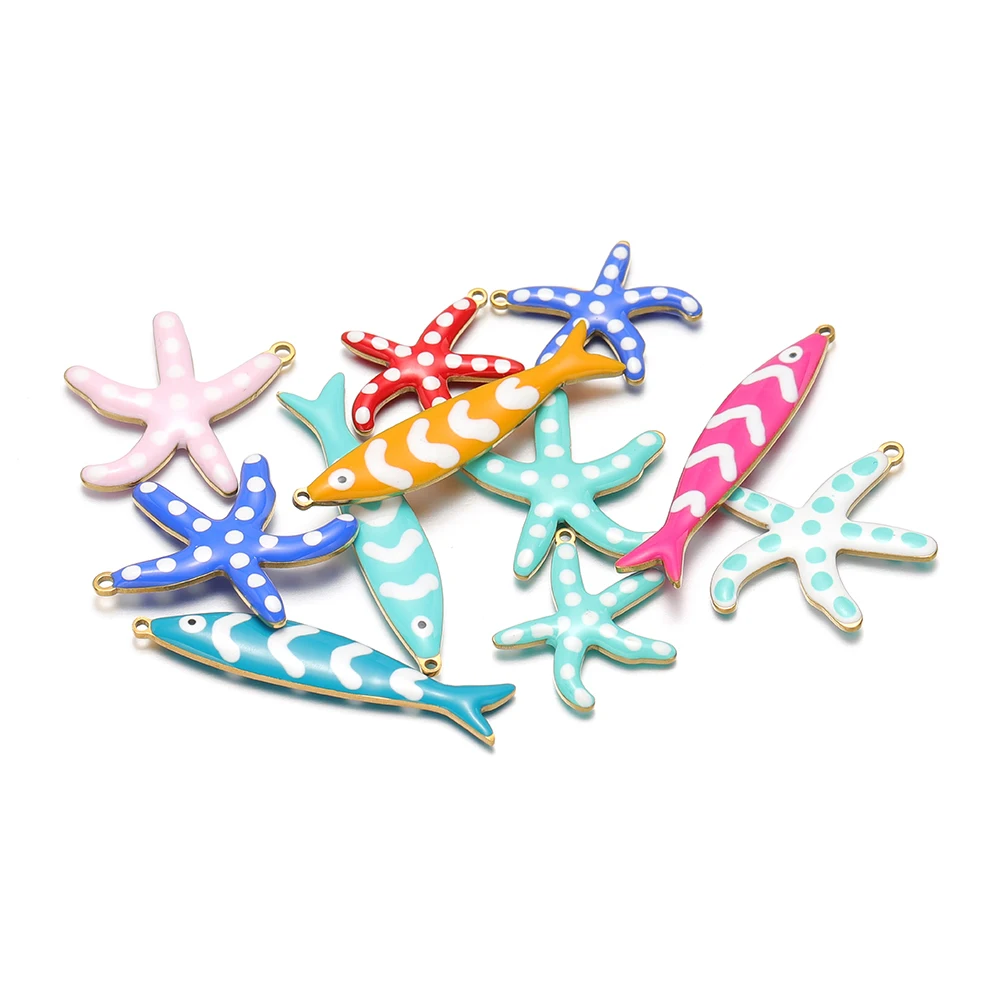 

10pcs Stainless Steel Cute Starfish Charms Enamel Fish Pendants for DIY Children Jewelry Making Necklace Earrings Accessories