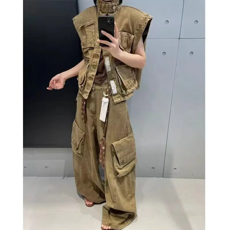 Retro Denim Design Workwear Set For Women's Fashionable Sleeveless Vest Paired With Straight Leg Wide Leg Pants Two-Piece Set
