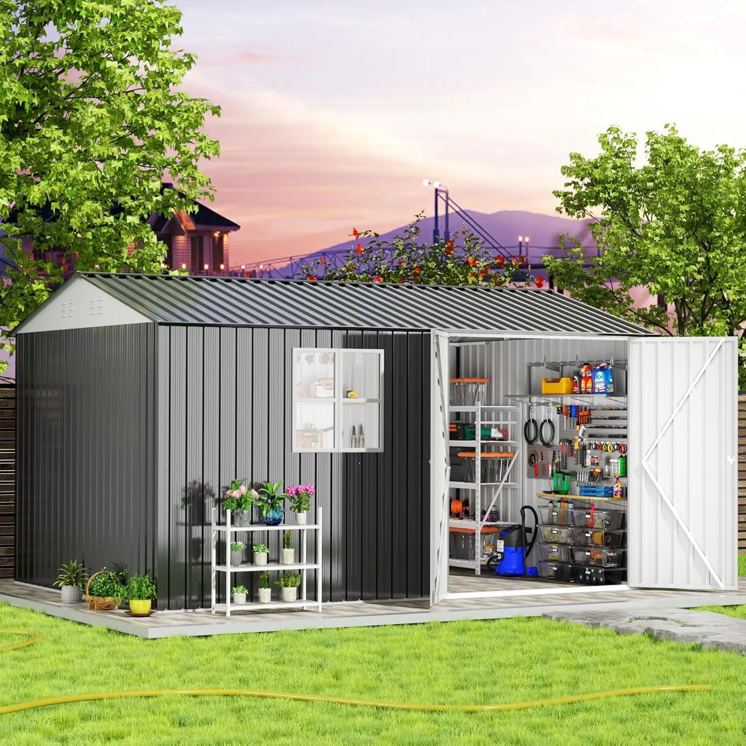 8x12 FT Outdoor Storage Shed, Garden Shed with Window, Lockable Doors and Air Vent, Metal Tool Sheds for Backyard Garden Patio