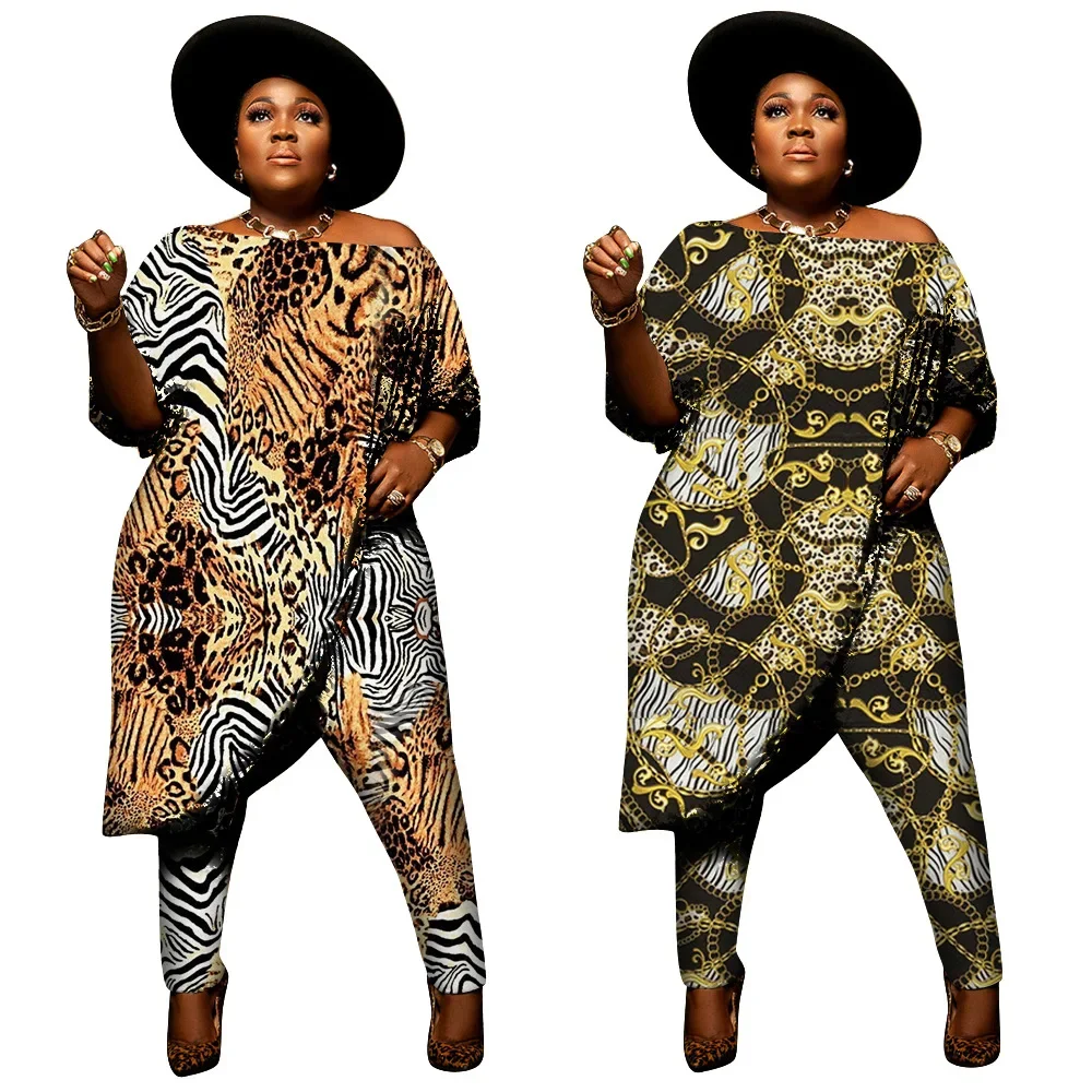 L-4XL Wholesale Dropshipping 2024 African Sexy Plus Size Women Clothing Two Piece Sets Leopard Irregular Strapless Pant Suits