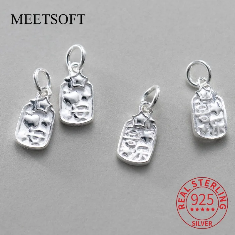 

925 Sterling Silver Square Chinese Character Symbol Health Pendant DIY Bracelet Necklace Handmade Woven Rope Material Accessory
