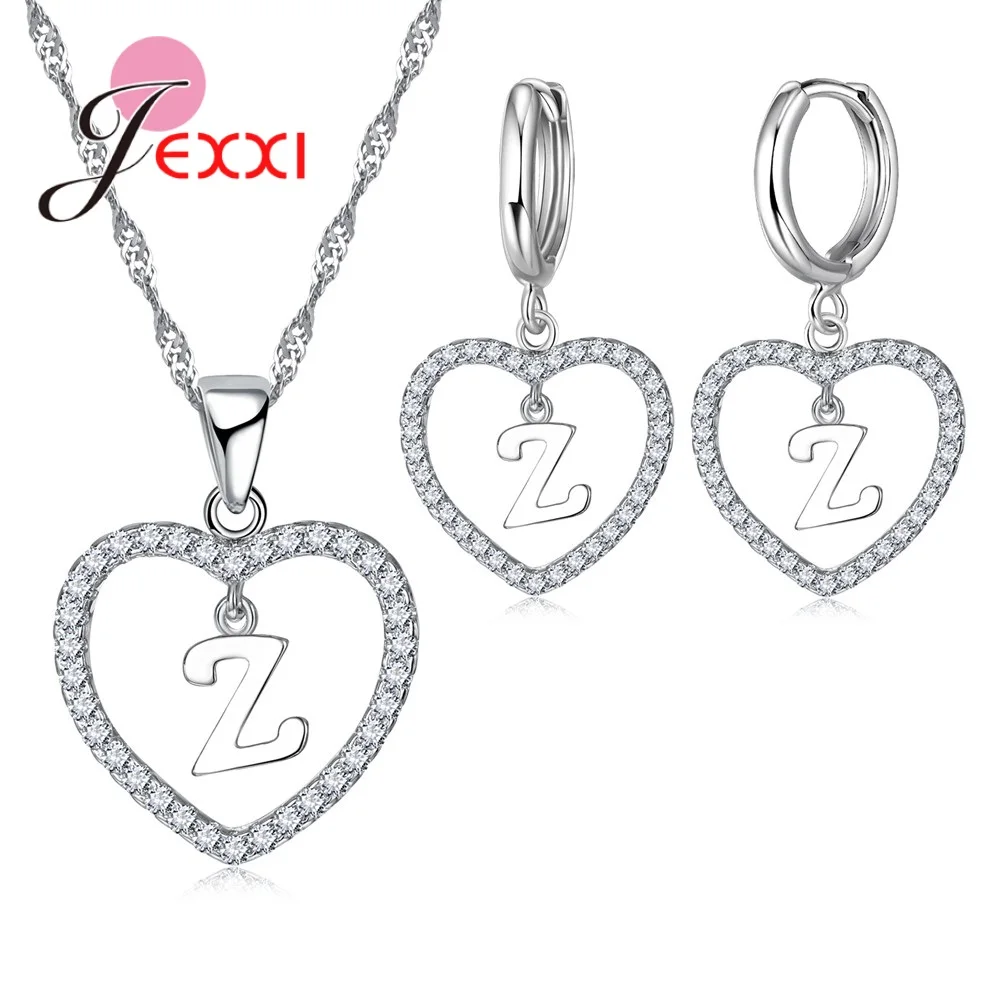 Unique 26 Letters 925 Sterling Silver Jewelry Sets With Love Heart Crystals Necklace+Earrings Women Wedding Accessory