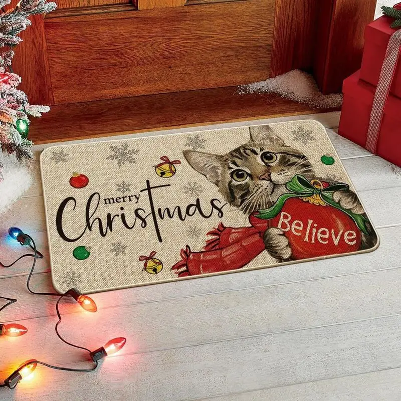 VIKAMA Cat Believe Christmas Doormat, Cat with Red Ball Bells Snowflakes Door Mat, Merry Christmas Welcome Mat for Front Door