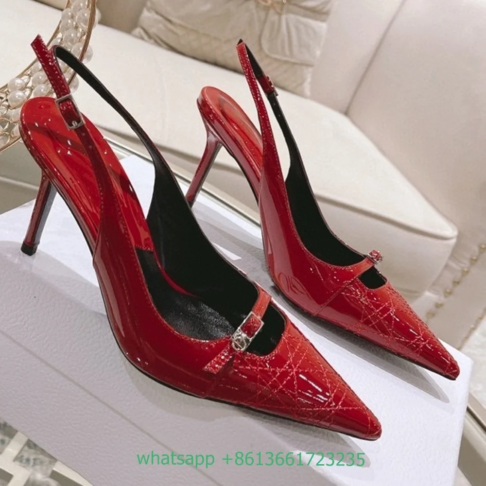 Women Summer Fashion Pointed Toe  Pumps Buckle Shallow Stiletto High Heels Back Strap Slip on Sandals Sexy Shiny Leather Shoes