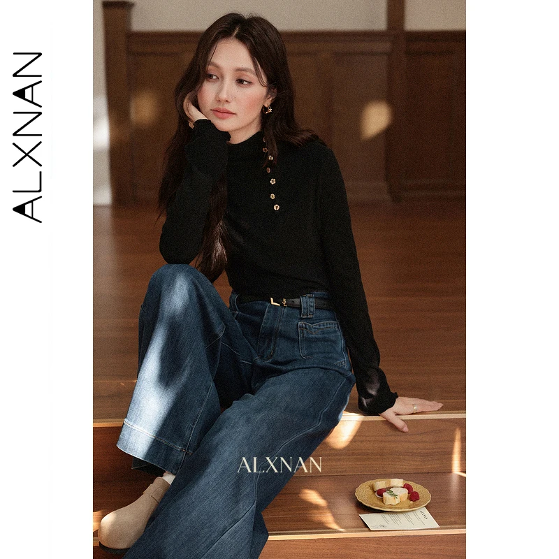 ALXNAN T-shirt a maniche lunghe da donna 2025 Nuovo autunno Fodera interna Dolcevita Decorazione bottoni Slim Pullover versatile L57528-1