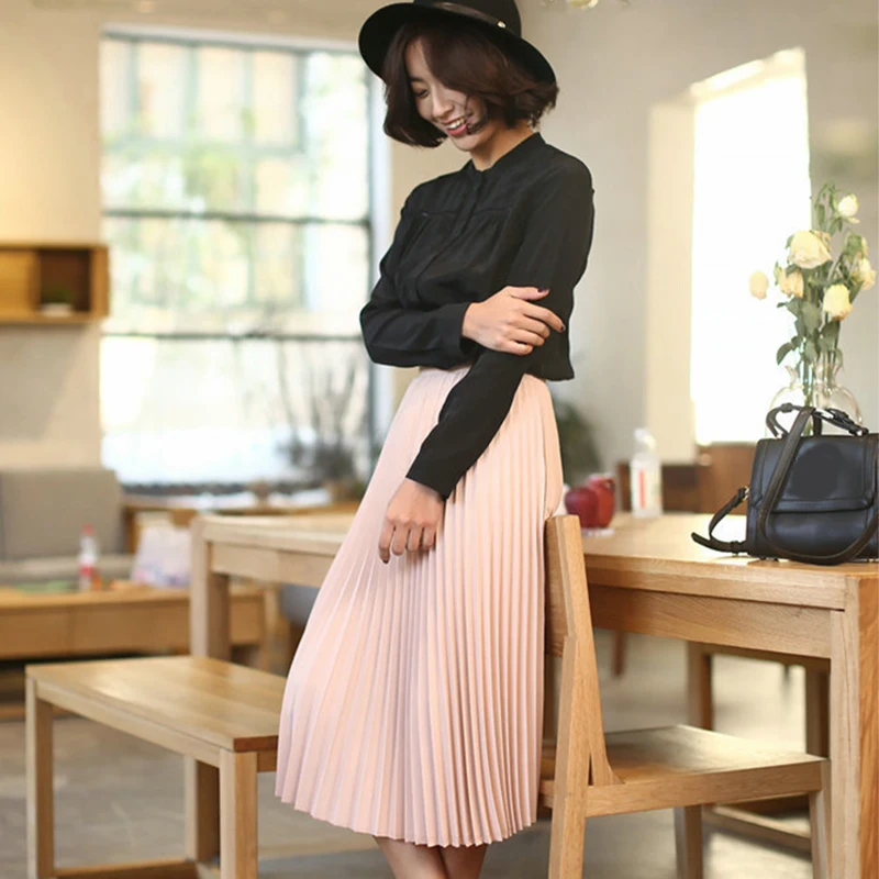 Korean Fashion Pleated Chiffon Skirts Women Summer Elastic High Waist Slimming Ankle Length Skirt Beach Vocation Casual Skirt