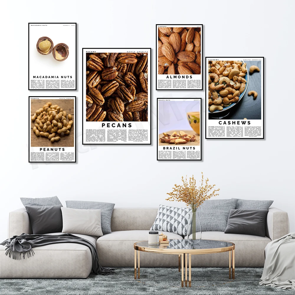 Póster tipográfico de nueces de Brasil, cacahuetes, nueces, macadamia, almendra, avellana, pistacho, avellana, nueces, regalo de decoración