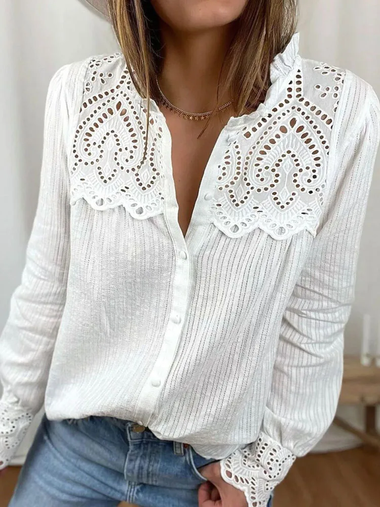 Blusa holgada de encaje para mujer, camisa informal de manga larga con cuello redondo, color blanco, para verano y otoño, 2023