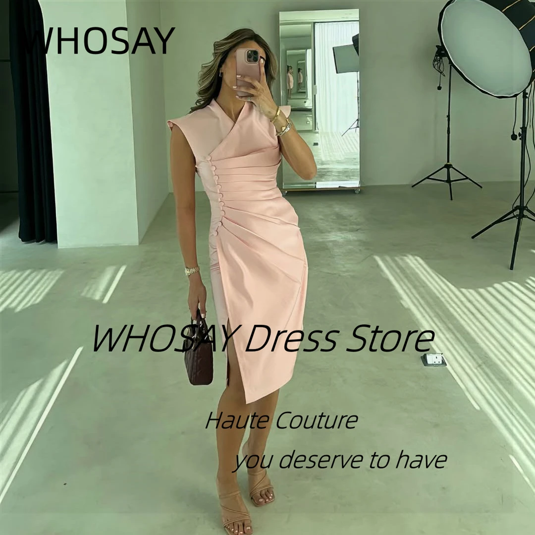 

WHOSAY Robe Des Cocktail Party Dress with Buttons Prom Dresses Ruched Side Slit Short Evening Gowns Customized