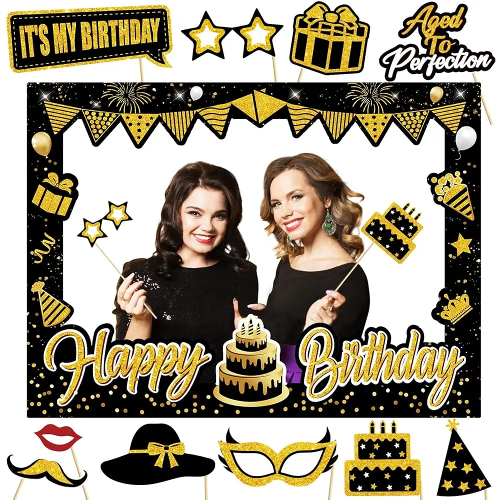 

Декорации для дня рождения для мальчиков и девочек - набор реквизита для фотосессии и рамка для селфи в черно-золотых тонах