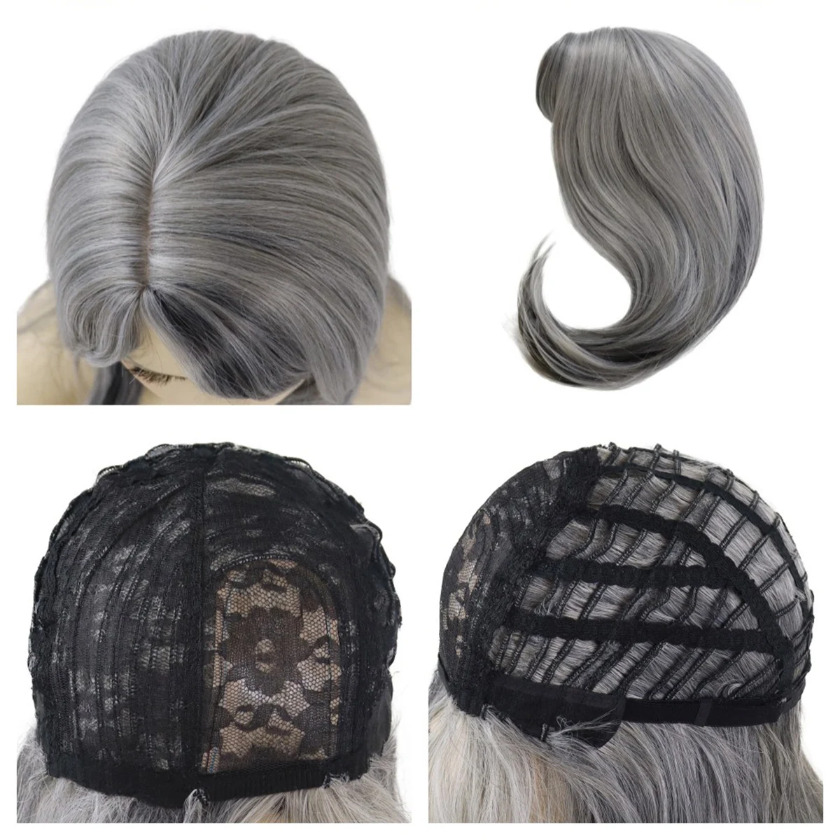 Synthetic Long Wave Wigs Natural Soft Mommy Wig with Bangs Silver Grey Wig for Women Old Lady Fake Hair Cosplay Halloween Party