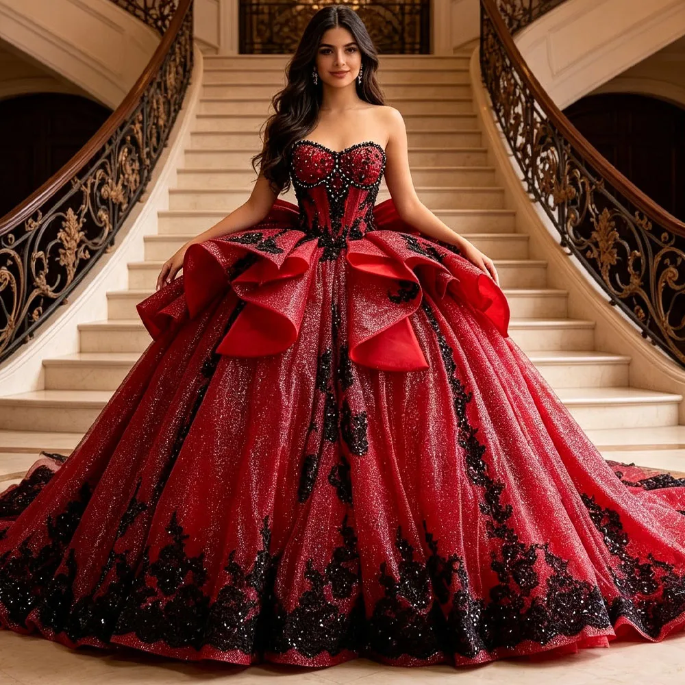 Customized Detachable Sleeves Red Quinceanera Dress With Black Lace Crystal Bow Sweetheart Evening Dress
