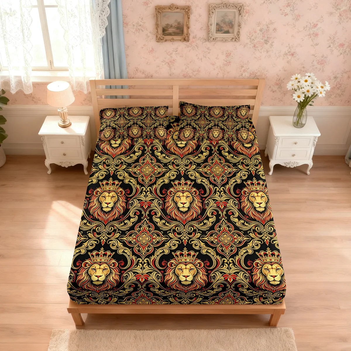3pcs Retro Patterned Lion Print Coreless Bed Sheet Set Multiple Sizes Soft Bed Cover Bedroom Bedding Decoration Machine Washable