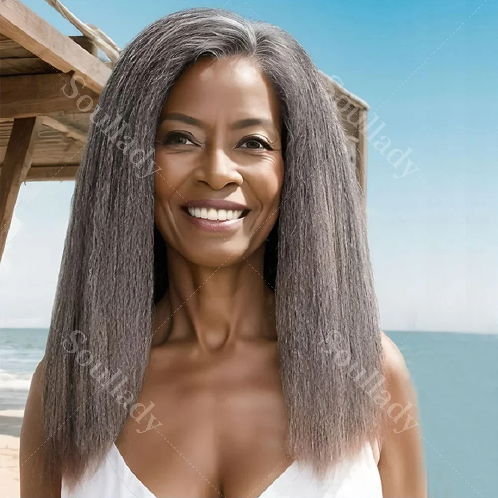 

LULUCHIC Gray Salt And Pepper Kinky Straight Human Hair 3/4 Half Wigs Kinky Blow Out Glueless 3 In 1 Wigs Beginner Friendly