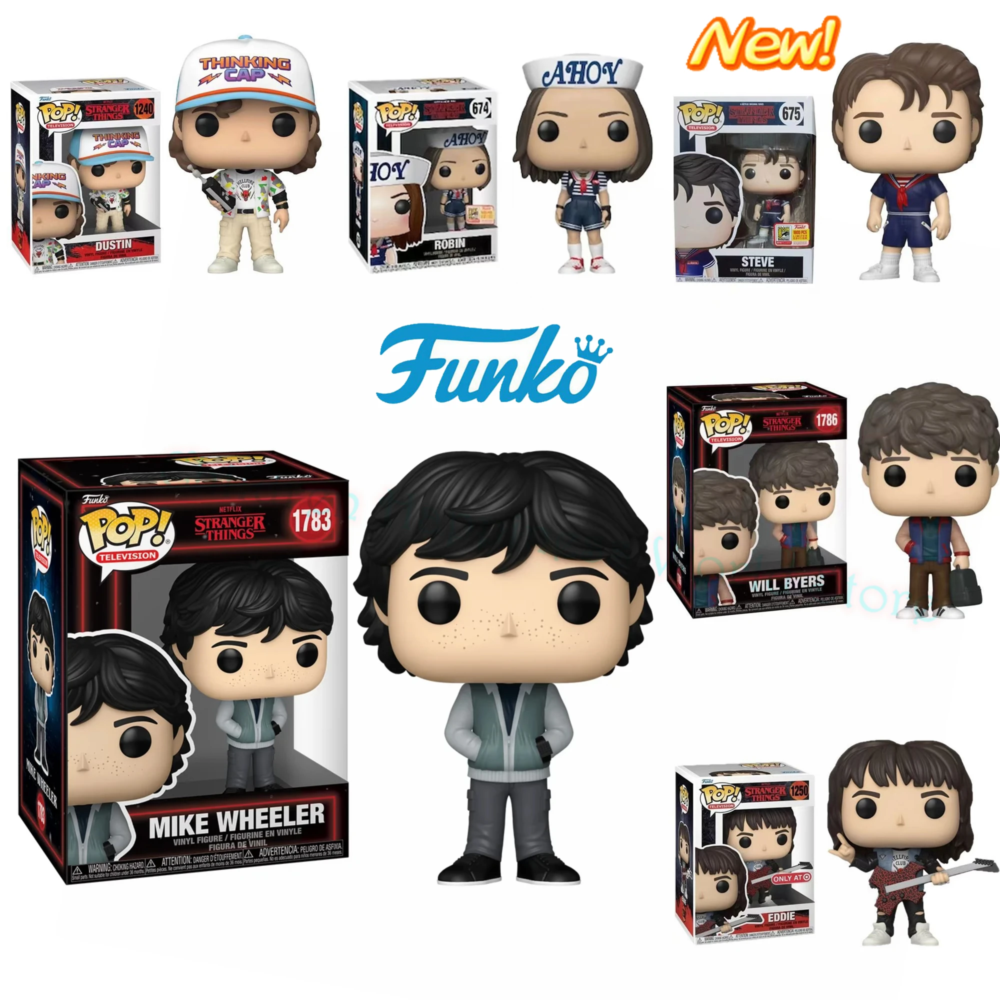 Nuevos juguetes extraños de televisión Funko Pop Robin 674 #   Dustin 1240 #   EDDIE 1250 #   RUEDAS MIKE 1783 #   WILL BYERS 1786 #   Figura Regalos Juguete