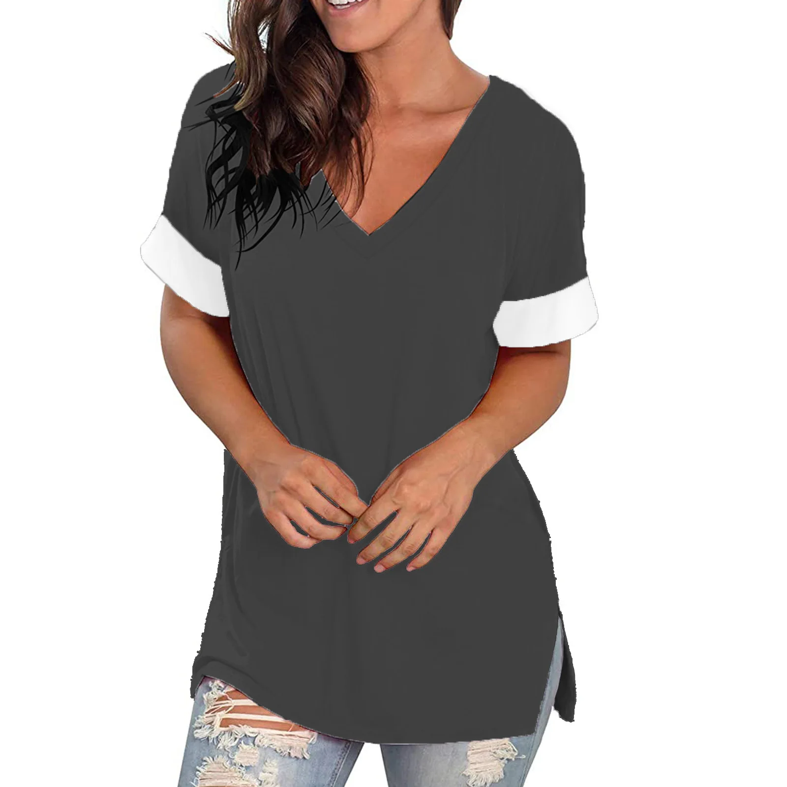 Summer Solid Color Blouse V-Neck Short Sleeve Loose Fashion Women's Casual Hundred Tops Trendy T-Shirts for Women Summer Tops